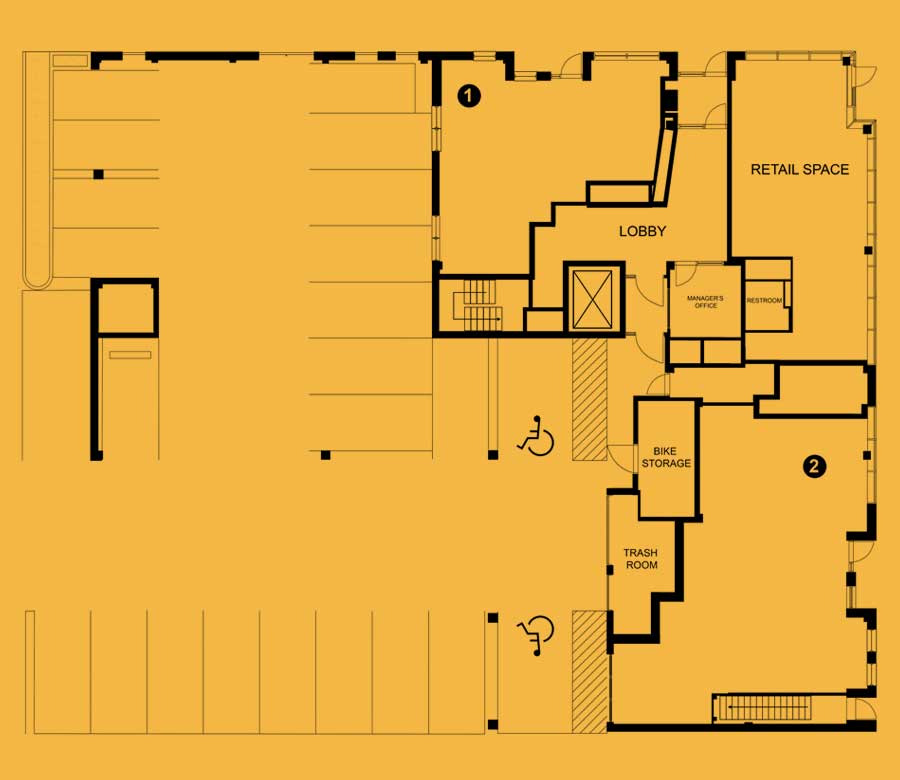 The 801 lower level floor plan for apartments, live/work units, and retail space to rent in Oak Park, IL