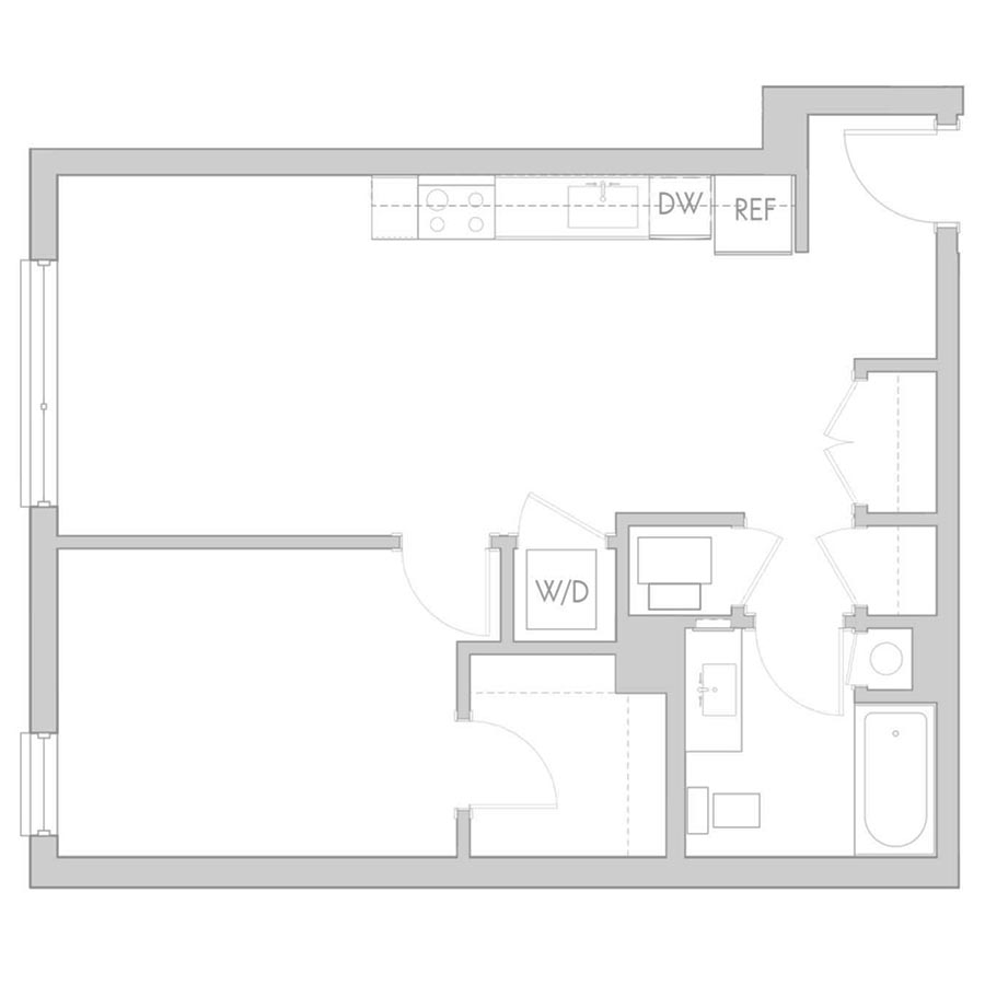 The 801 Floor Plan - Unit 204, 304, 404 1 Bedroom/1 Bath 645 square feet