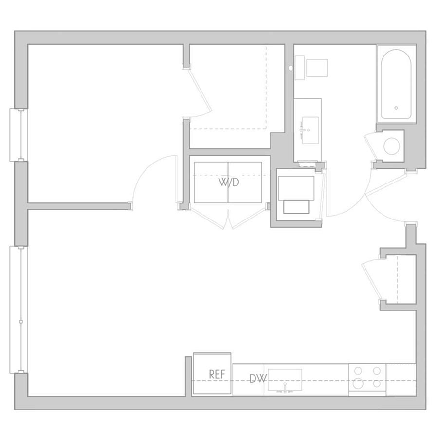 The 801 Floor Plan - Unit 207, 307 1 Bedroom/1 Bath 575 square feet