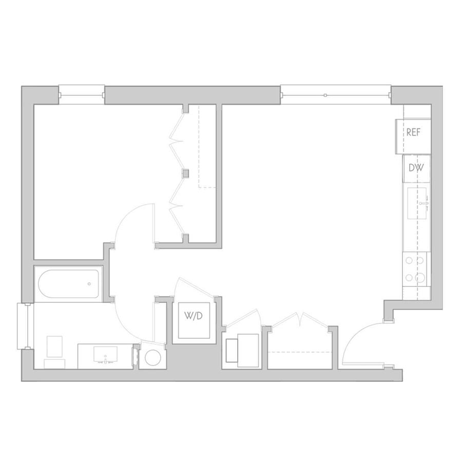 The 801 Floor Plan - Unit 208, 308, 408 1 Bedroom/1 Bath 535 square feet