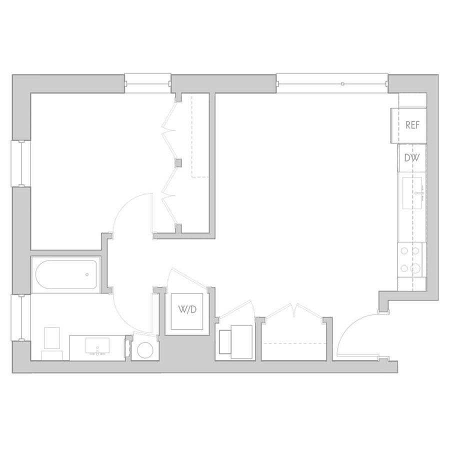 The 801 Floor Plan - Unit 209, 309, 409 1 Bedroom/1 Bath 535 square feet