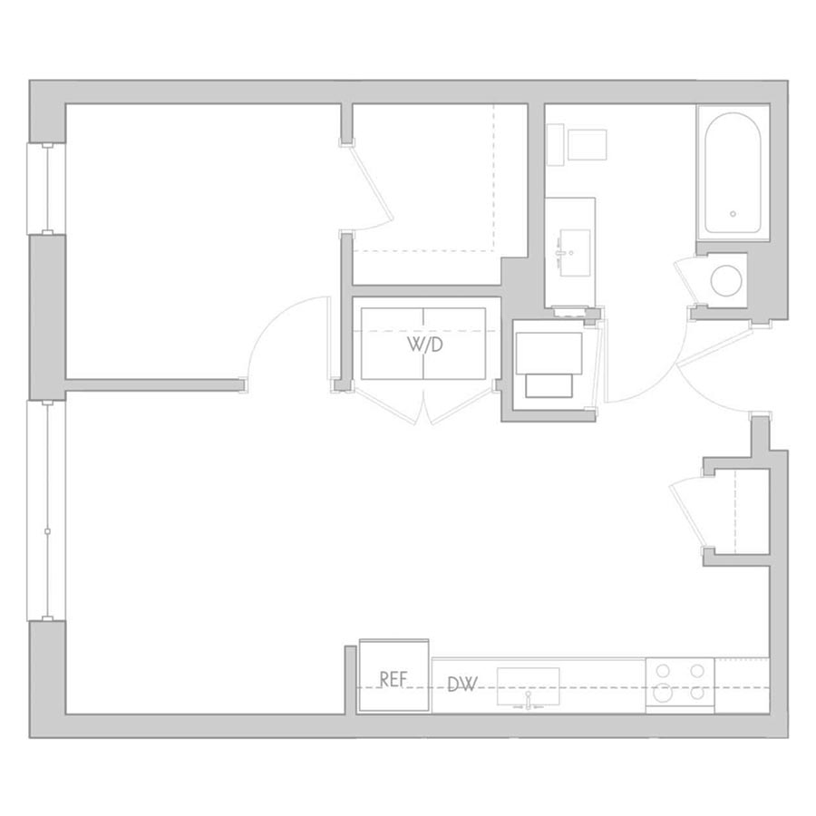 The 801 Floor Plan - Unit 210, 310, 410 1 Bedroom/1 Bath 575 square feet