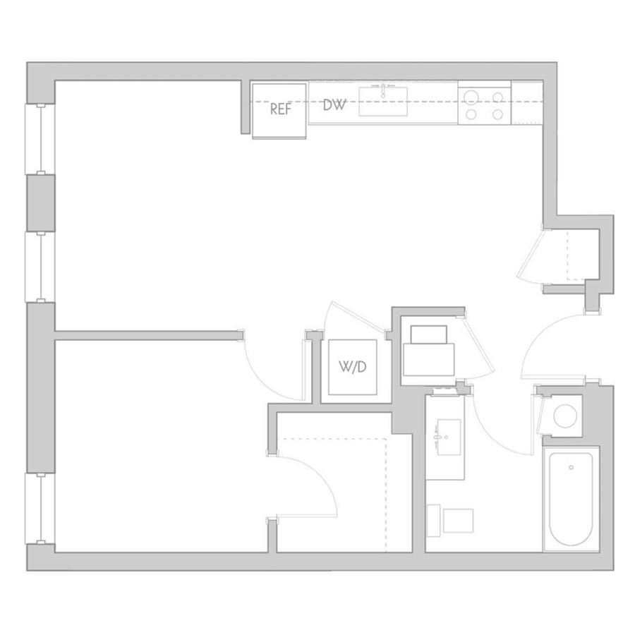 The 801 Floor Plan - Unit 211, 311, 411 1 Bedroom/1 Bath 575 square feet